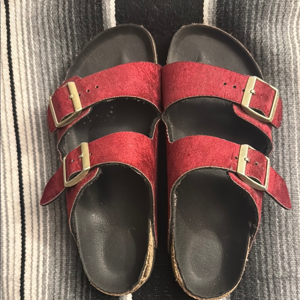 Dark red velvet Birkenstock Arizona style sandals, size 36 narrow